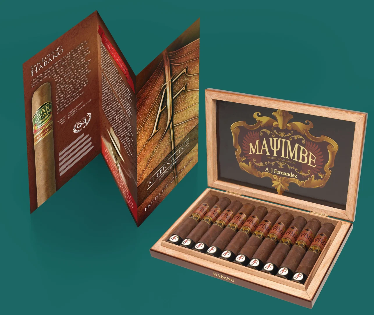 An open box of AJ Fernandez cigars with a booklet displayed, showcasing the premium cigars inside
