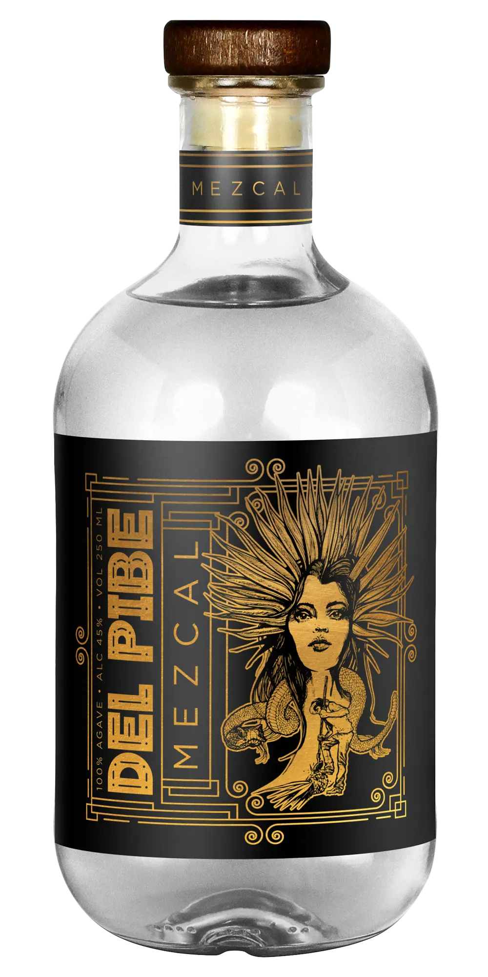 Del Pibe Mezcal Label and Logo Design highlights detailed portraits of a woman’s face, a snake, and an agave farmer in gold emboss