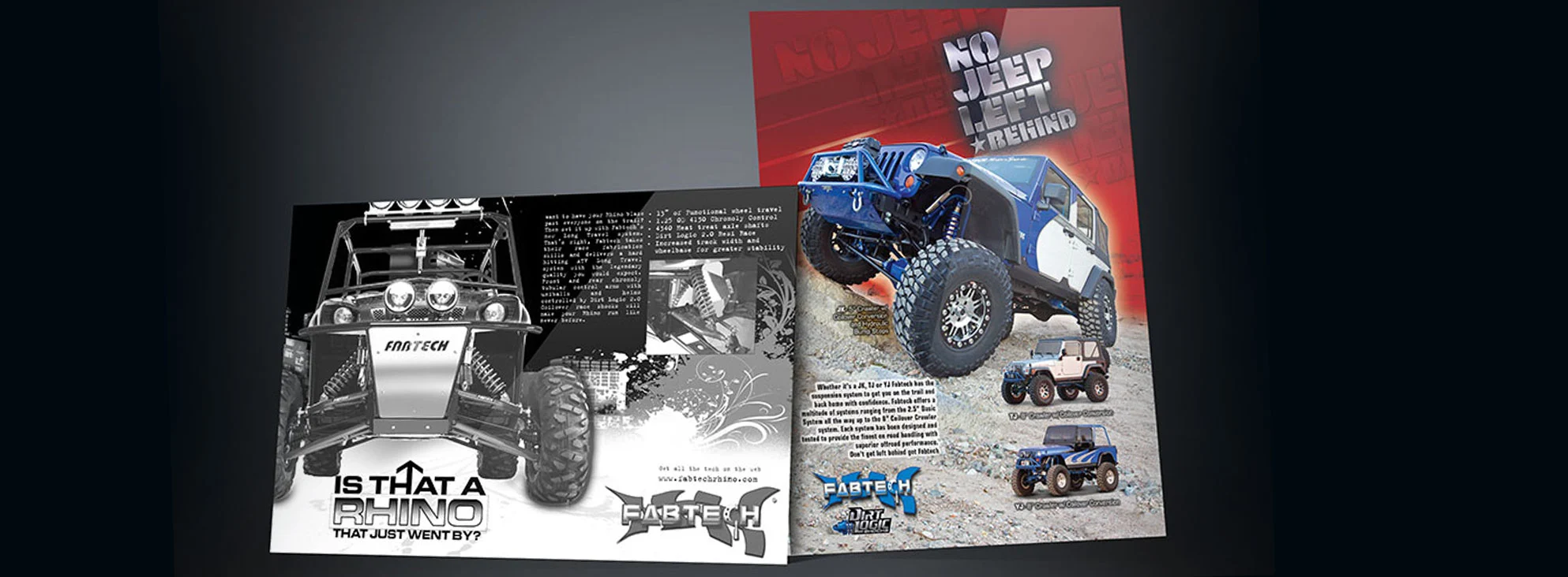 Fabtech Motorsports final logo design on advertising campaign by Dogs of Design – bold off-road branding in print and digital media