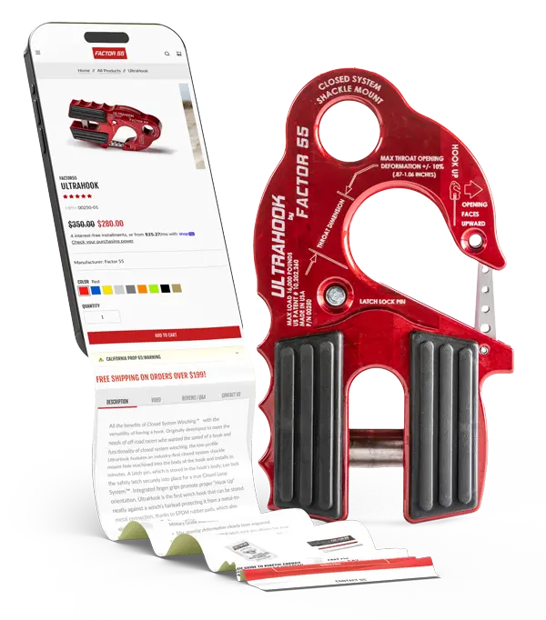 Factor 55 product detail page on mobile showcasing the Ultrahook winch accessory