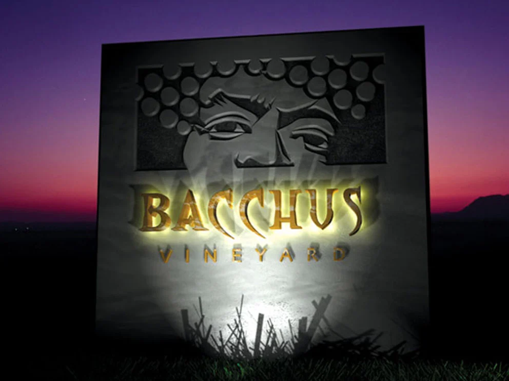 Bacchus Vineyard sign design by Dogs of Design – National Sign Association award-winning custom winery signage