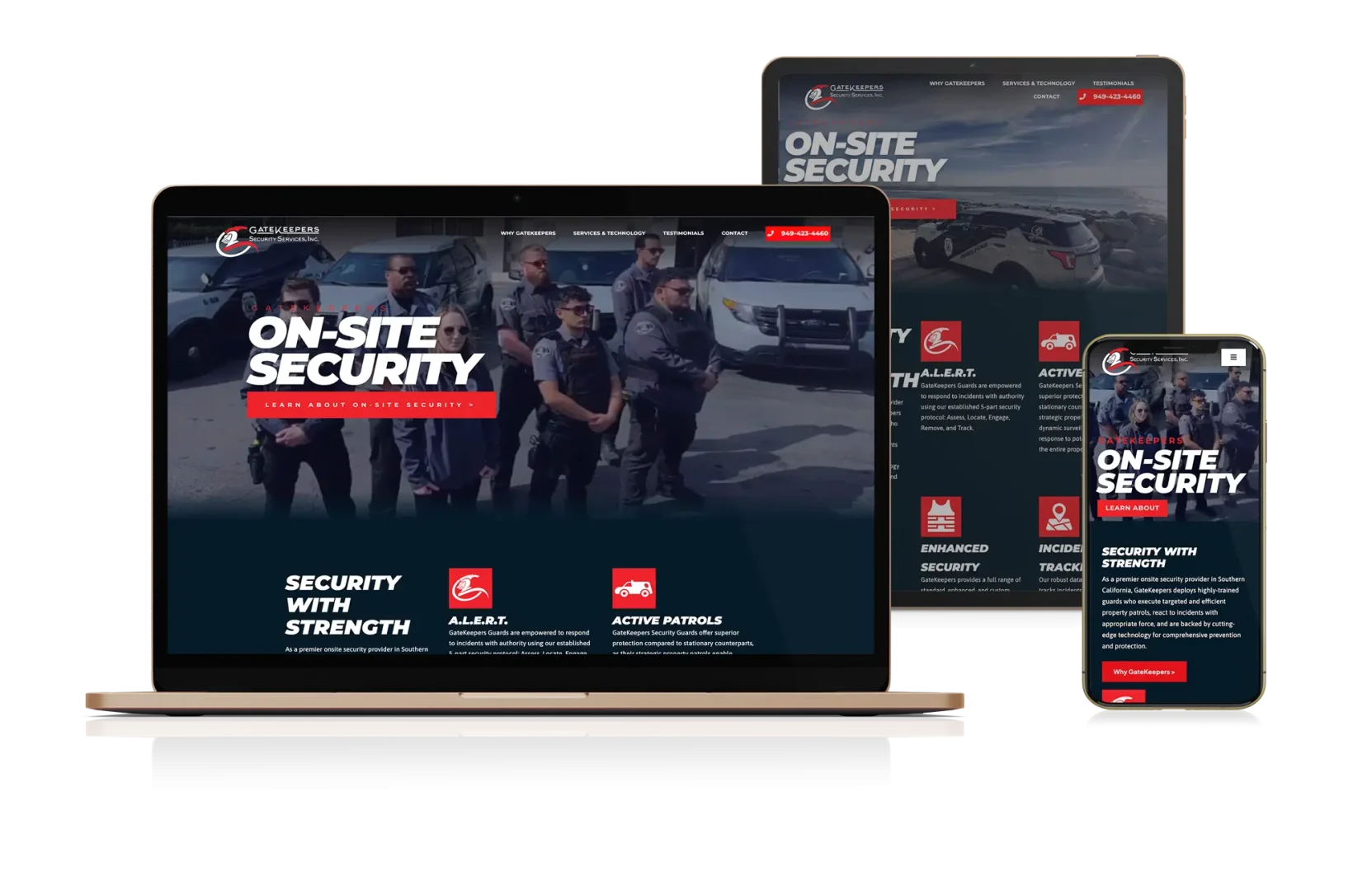 Responsive website design for Gatekeepers Security Services, Inc. displayed on multiple devices, showcasing on-site security services with a clean, modern interface.