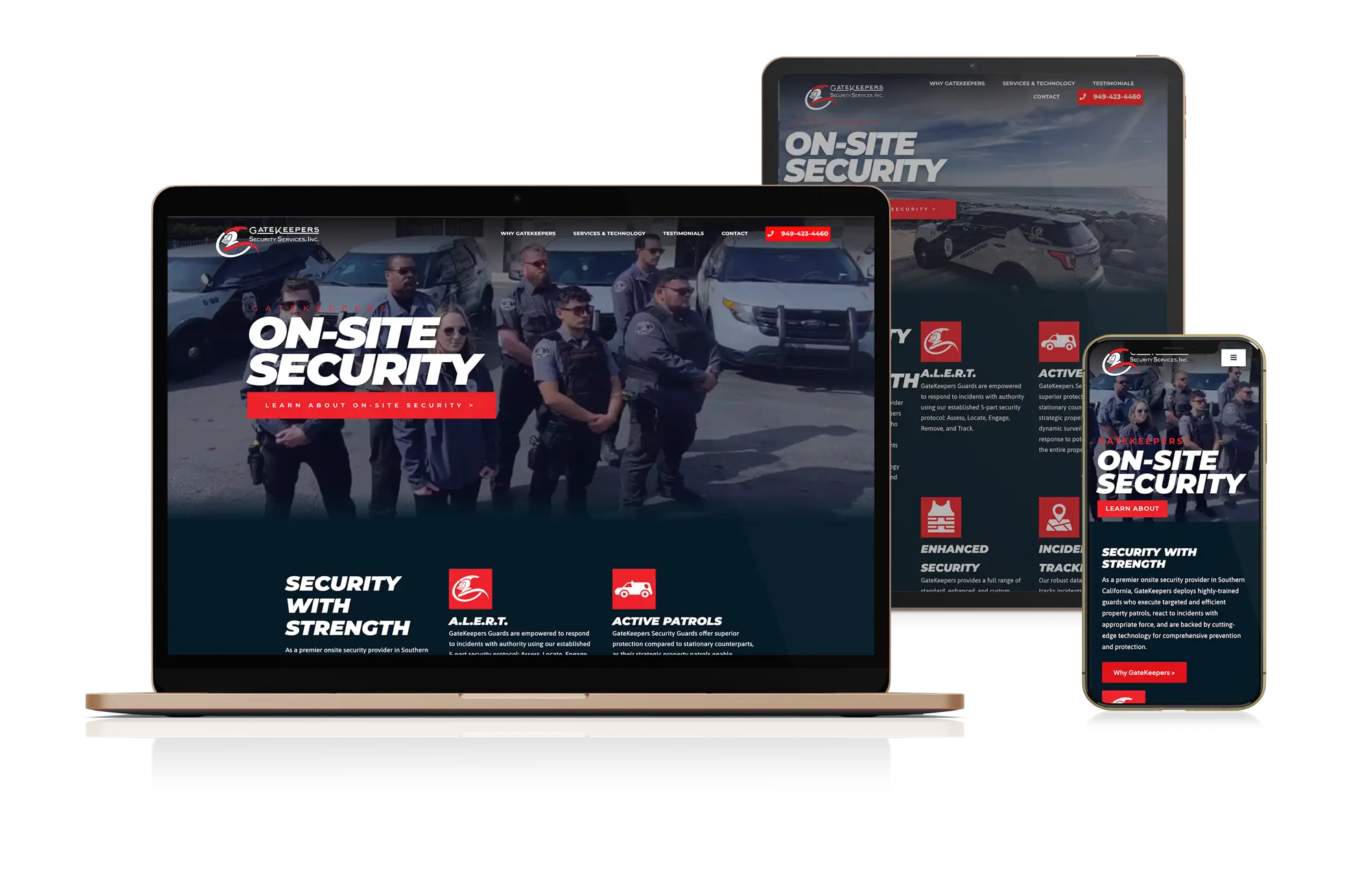 Responsive website design for Gatekeepers Security Services, Inc. displayed on multiple devices, showcasing on-site security services with a clean, modern interface.